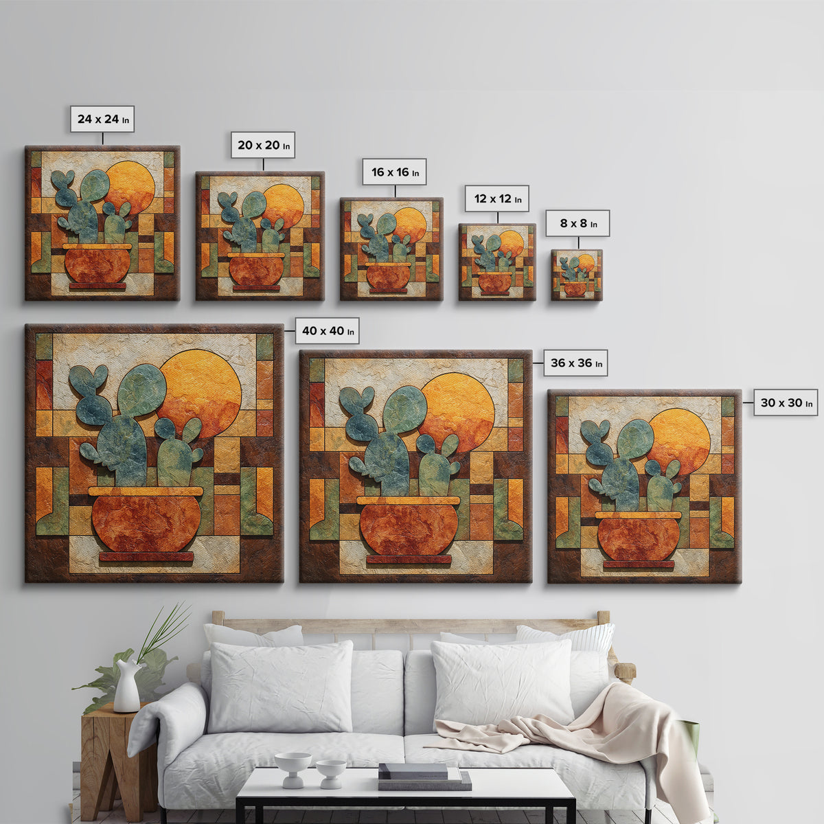 Desert Sun with Cactus and Warm Clay Canvas Print, Boho Art, Artwork, Living Room Decor, Fine Art, Bohemian, Boho Decor, BOH-1x1-97