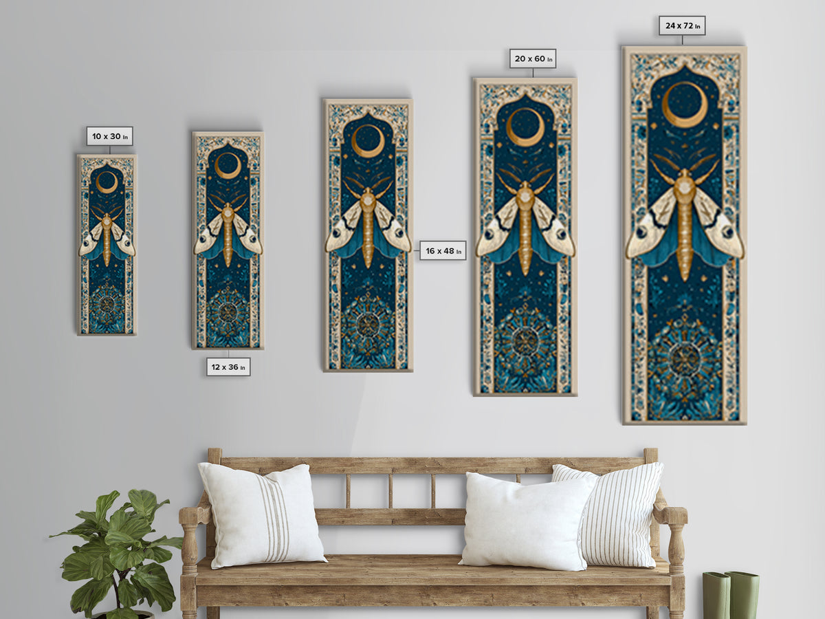 Golden Moth with Moon and Stars Framed Canvas Print, Boho Art, Prints, Living Room Decor, Fine Art, Bohemian, Abstract Art, BOH-1x3-29