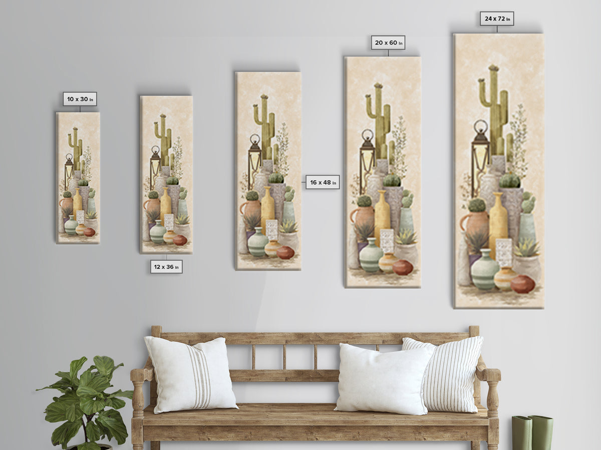 Warm Neutral Cactus Garden Illustration Framed Canvas Print, Boho Art, Fine Art Print, Living Room Decor, Watercolor Art, BOH-1x3-30