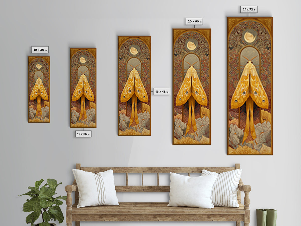 Golden Moth with Moon and Stars Canvas Print, Boho Art, Minimalist Decor, Living Room Decor, Bohemian, Digital Wall Art, BOH-1x3-5