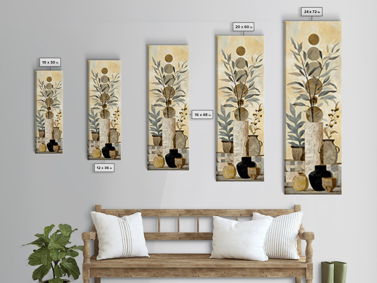Moon Phases Above Botanical Silhouettes Framed Canvas Print, Boho Art, Living Room Decor, Oil Painting, Bohemian, BOH-1x3-62