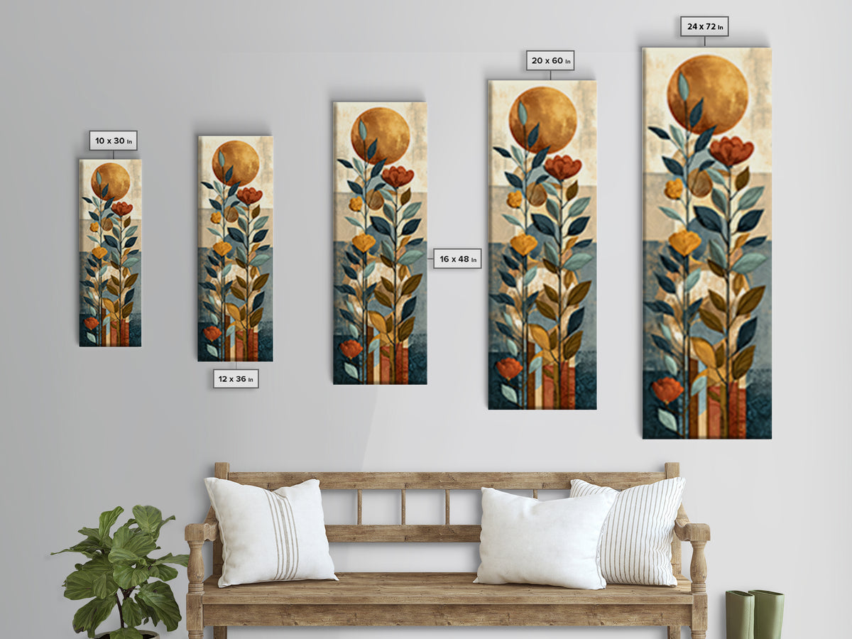 Moon Phases Above Botanical Silhouettes Canvas Print, Boho Art, Art Prints, Living Room Decor, Watercolor Art, Bohemian, BOH-1x3-86