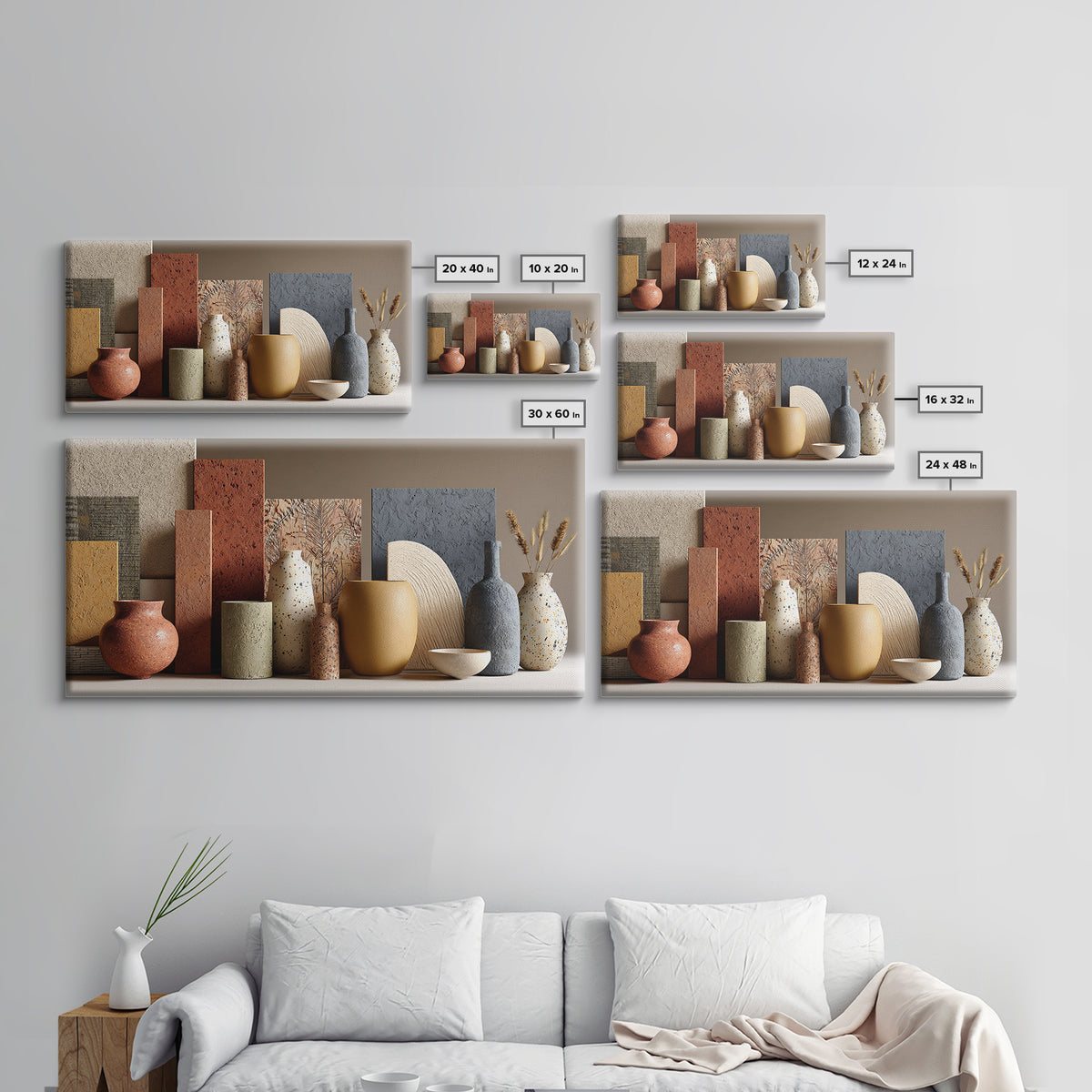 Abstract Clay Shapes Framed Canvas Print, Boho Art, Textured Painting, Living Room Decor, Abstract Art, Bohemian, BOH-2x1-12
