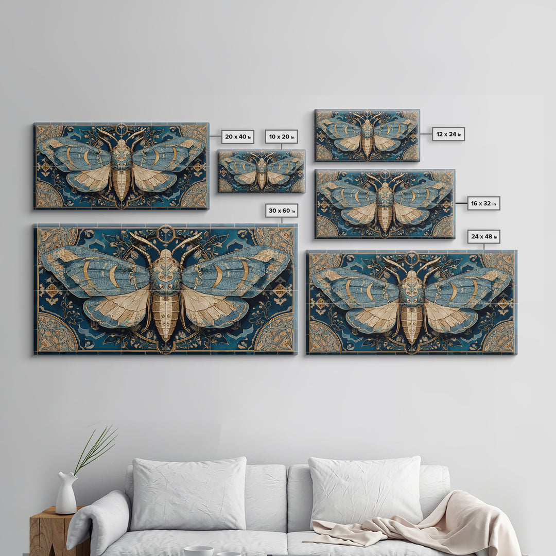 Golden Moth with Moon and Stars Framed Canvas Print, Boho Art, Boho, Living Room Decor, Fine Art, Bohemian, Wall Art Print, BOH-2x1-13