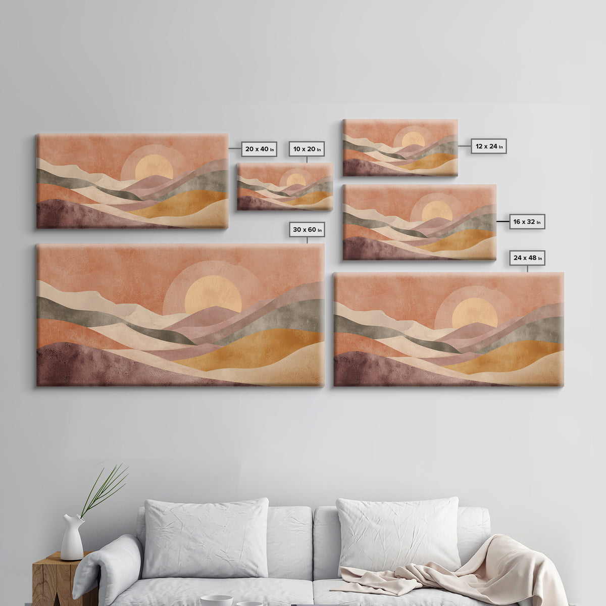 Sunrise over Rolling Dunes in Muted Peach Canvas Print, Boho Art, Art Deco, Living Room Decor, Bohemian, Modern Wall Art, BOH-2x1-17