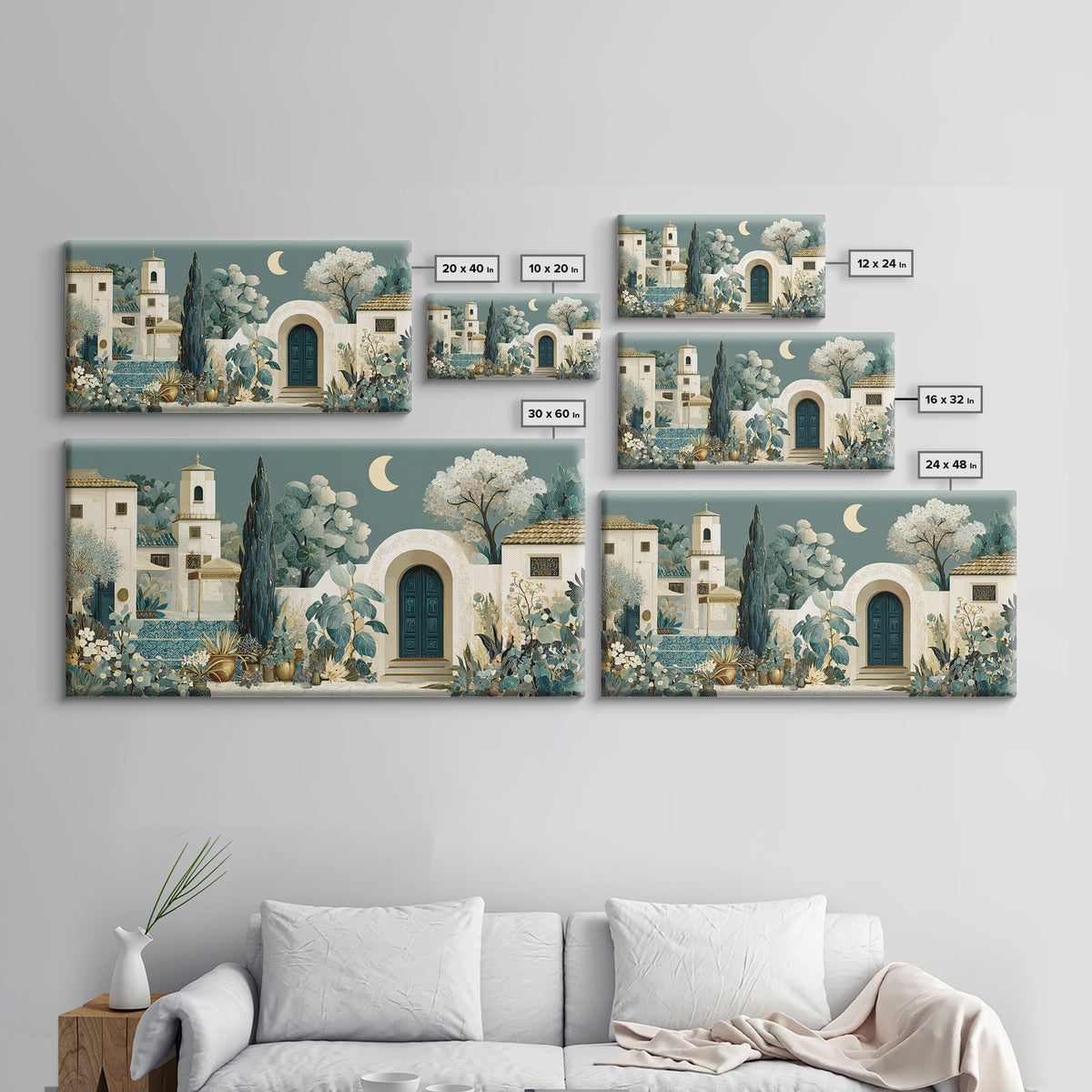 Sage Green Eucalyptus and Crescent Moon Framed Canvas Print, Boho Art, Wall Art Set, Living Room Decor, Fine Art, Bohemian, BOH-2x1-19