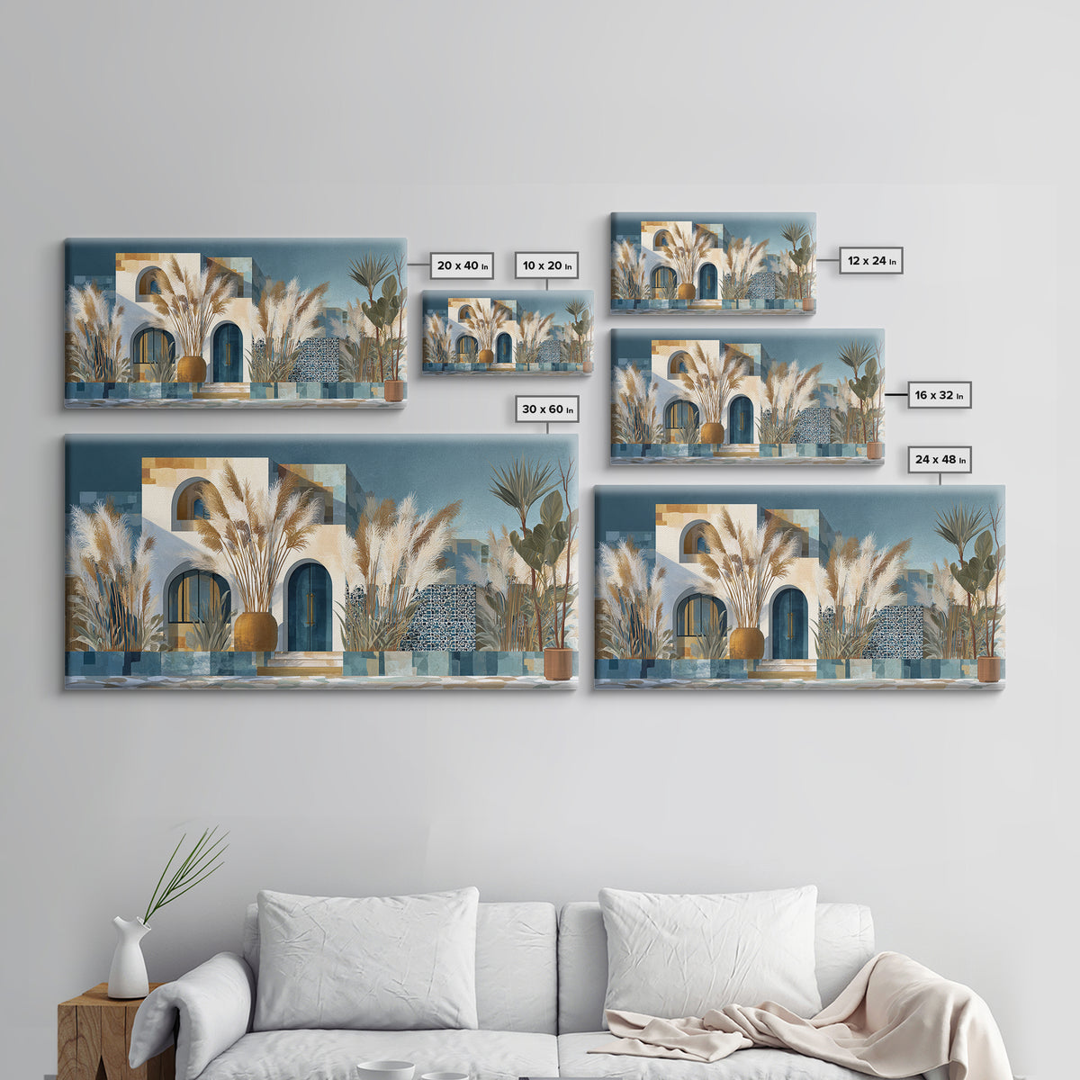 Bohemian Vase with Dried Pampas Grass Framed Canvas Print, Boho Art, Art Nouveau, Living Room Decor, Watercolor Art, Bohemian, BOH-2x1-29
