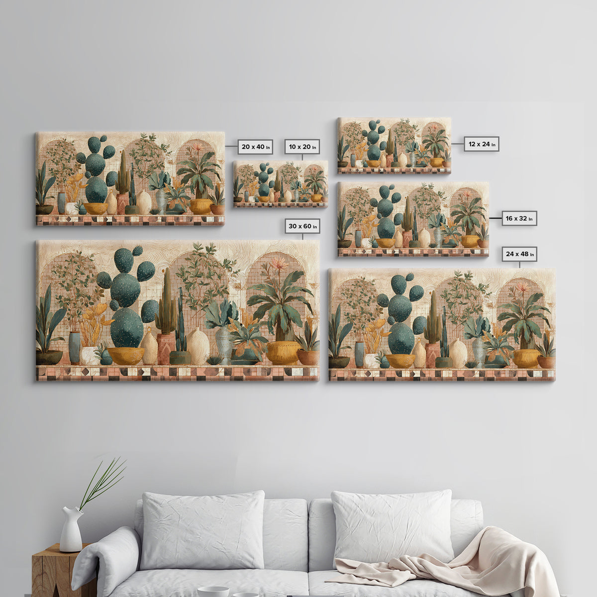 Warm Neutral Cactus Garden Illustration Framed Canvas Print, Boho Art, Living Room Decor, Watercolor Art, Bohemian, BOH-2x1-38