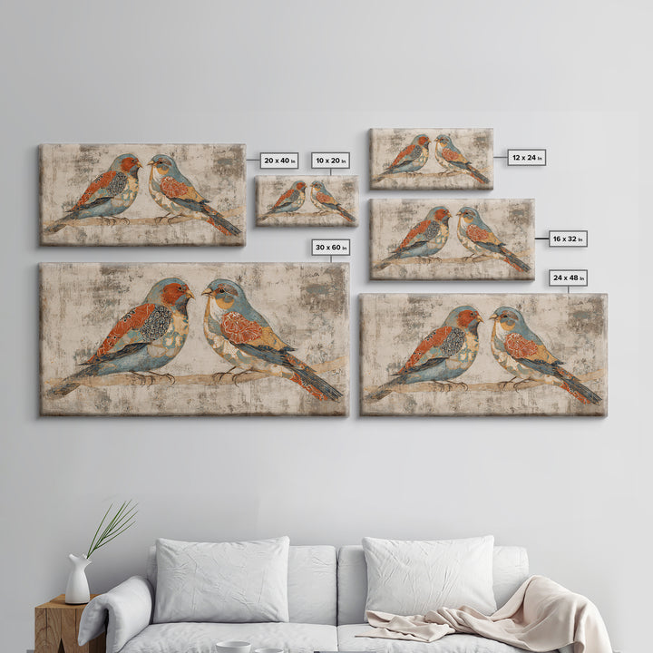 Boho Bird Pair Framed Canvas Print, Boho Art, Wall Decor, Living Room Decor, Fine Art, Bohemian, Art Nouveau, Abstract Art, BOH-2x1-40