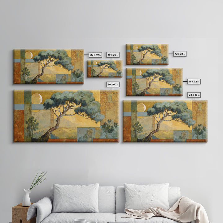 Sage Green Eucalyptus and Crescent Moon Framed Canvas Print, Boho Art, Digital Wall Art, Living Room Decor, Fine Art, Bohemian, BOH-2x1-43