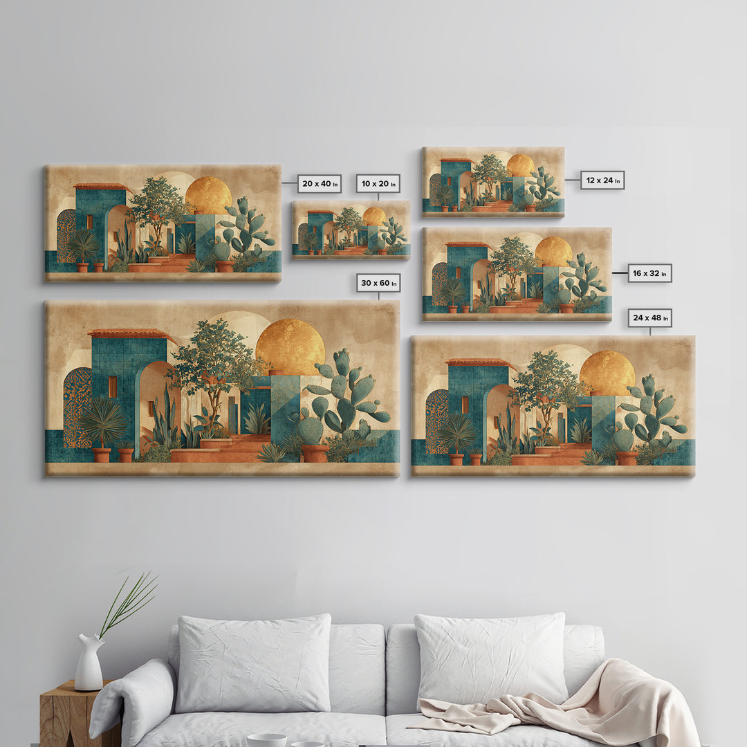 Desert Sun with Cactus and Warm Clay Framed Canvas Print, Boho Art, Printable Art, Living Room Decor, Oil Painting, Bohemian, BOH-2x1-45