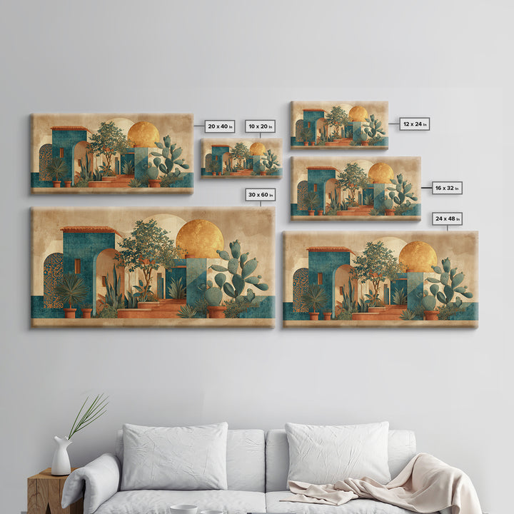 Desert Sun with Cactus and Warm Clay Framed Canvas Print, Boho Art, Printable Art, Living Room Decor, Oil Painting, Bohemian, BOH-2x1-45