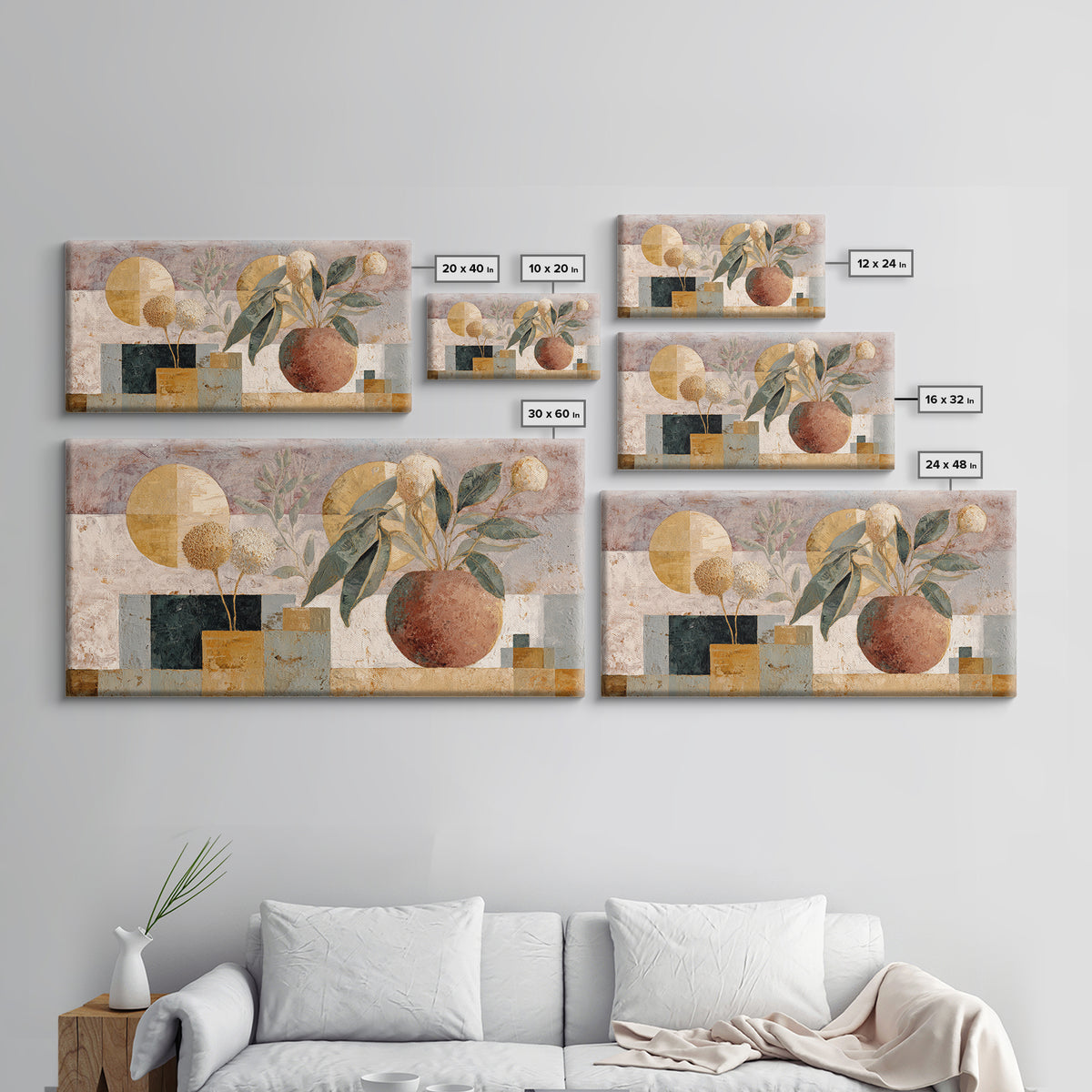 Moon Phases Above Botanical Silhouettes Framed Canvas Print, Boho Art, Digital Art, Living Room Decor, Fine Art, Bohemian, BOH-2x1-46