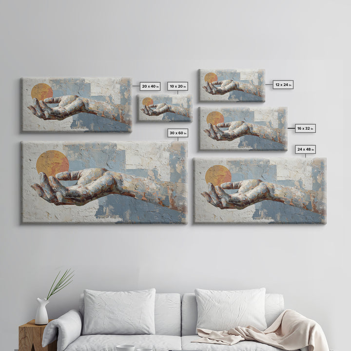 Mystic Hand Holding a Tiny Sun Framed Canvas Print, Boho Art, Printable, Living Room Decor, Bohemian, Abstract Wall Art, BOH-2x1-50