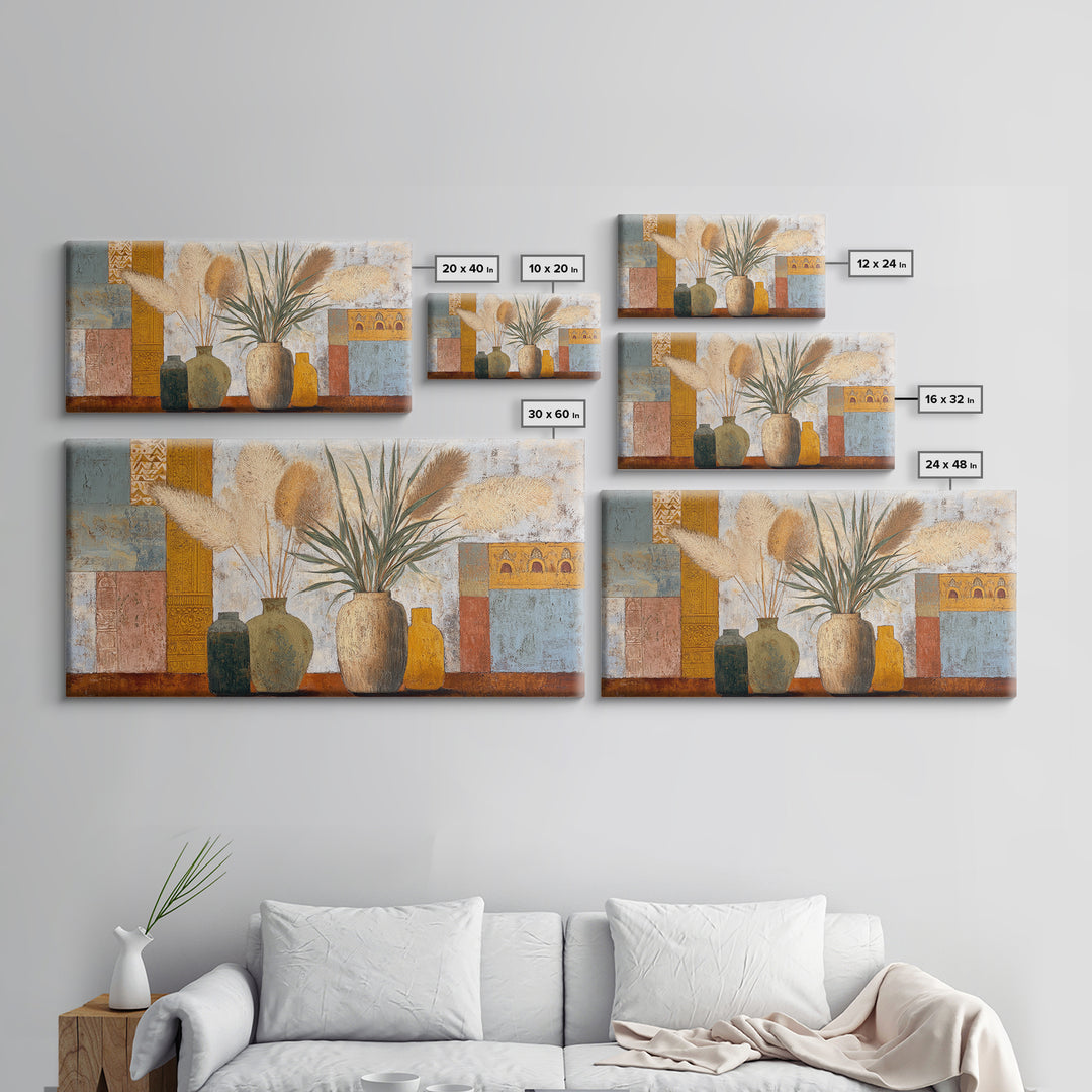 Bohemian Vase with Dried Pampas Grass Canvas Print, Boho Art, Abstract Wall Art, Living Room Decor, Oil Painting, Bohemian, BOH-2x1-53