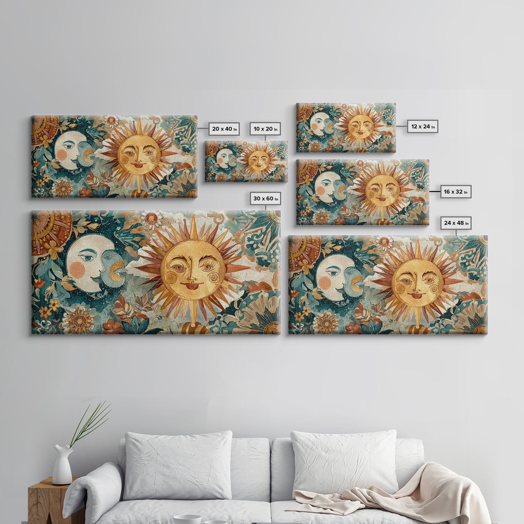 Sun and Moon Celestial Folk Motif Canvas Print, Boho Art, Printable Wall Art, Living Room Decor, Bohemian, Abstract Wall Art, BOH-2x1-54