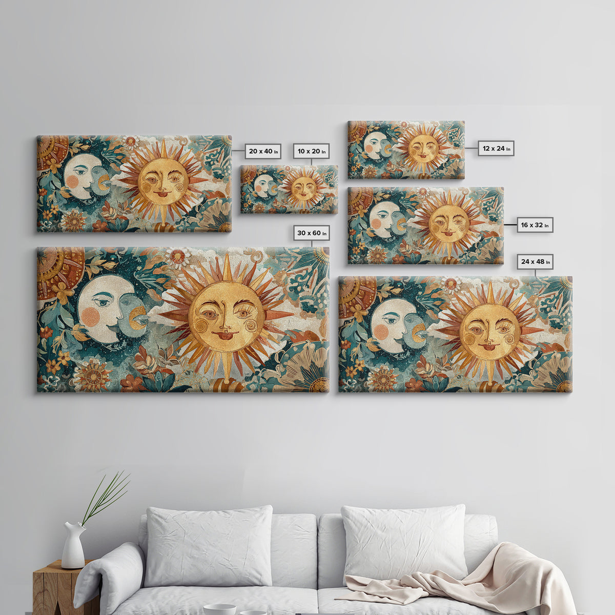 Sun and Moon Celestial Folk Motif Canvas Print, Boho Art, Printable Wall Art, Living Room Decor, Bohemian, Abstract Wall Art, BOH-2x1-54
