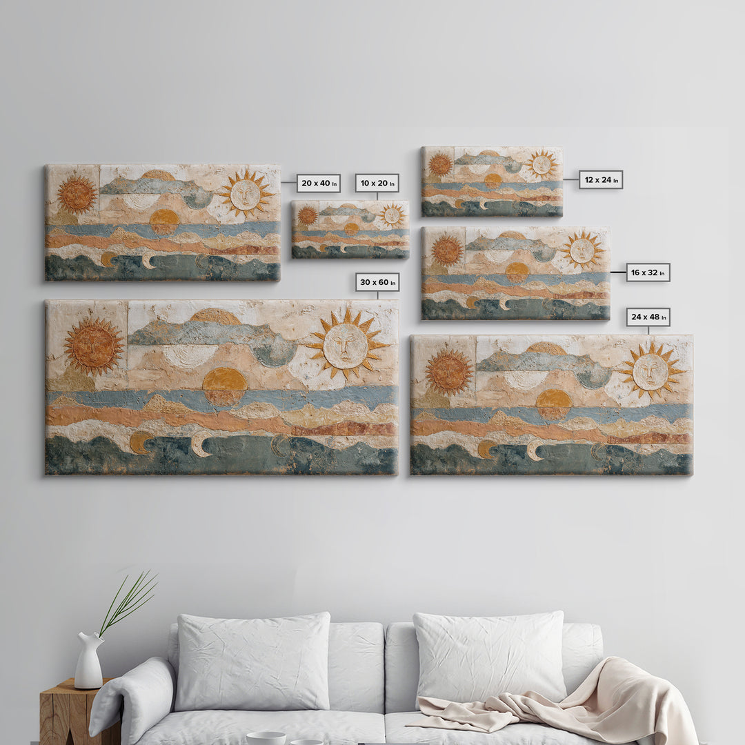 Sun and Moon Celestial Folk Motif Framed Canvas Print, Boho Art, Wall Decor, Living Room Decor, Fine Art, Bohemian, Art Nouveau, BOH-2x1-6