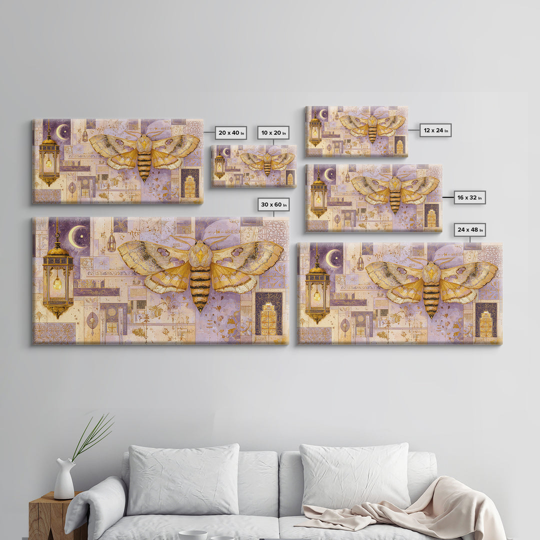 Golden Moth with Moon and Stars Canvas Print, Boho Art, Canvas Art, Living Room Decor, Fine Art, Bohemian, Wall Art Set, BOH-2x1-61