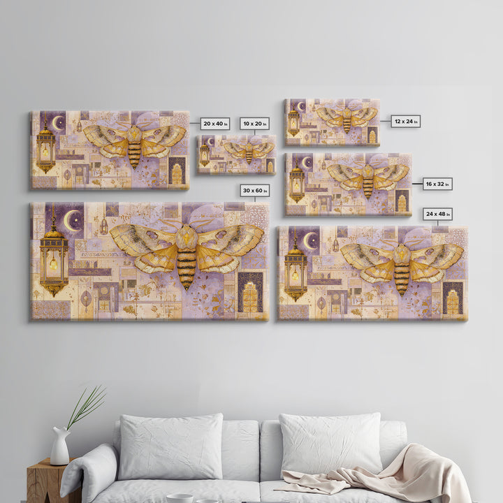 Golden Moth with Moon and Stars Canvas Print, Boho Art, Canvas Art, Living Room Decor, Fine Art, Bohemian, Wall Art Set, BOH-2x1-61