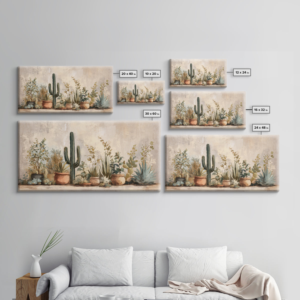 Warm Neutral Cactus Garden Illustration Canvas Print, Boho Art, Art Prints, Living Room Decor, Watercolor Art, Bohemian, BOH-2x1-62