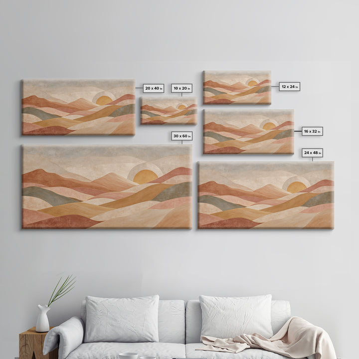 Sunrise over Rolling Dunes in Muted Peach Framed Canvas Print, Boho Art, Living Room Decor, Abstract Art, Bohemian, BOH-2x1-65