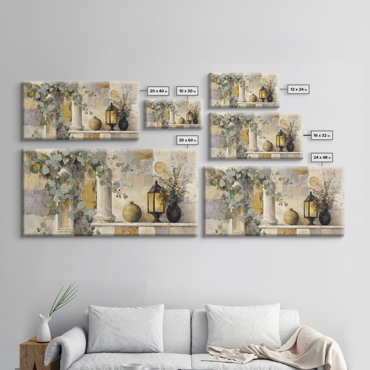 Sage Green Eucalyptus and Crescent Moon Framed Canvas Print, Boho Art, Fine Art Print, Living Room Decor, Fine Art, Bohemian, BOH-2x1-67