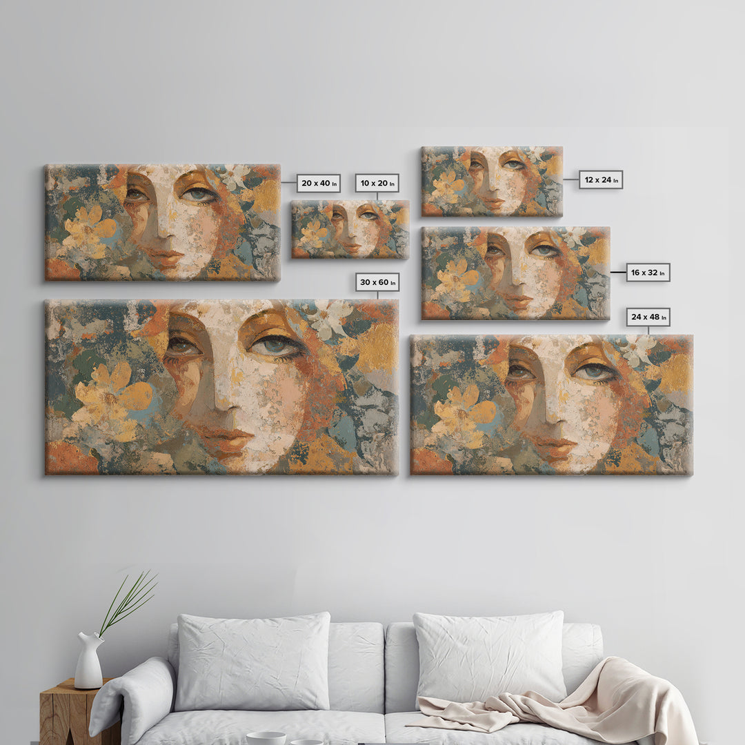 Abstract Female Face Framed Canvas Print, Boho Art, Digital Wall Art, Living Room Decor, Watercolor Art, Bohemian, Garden Art, BOH-2x1-72