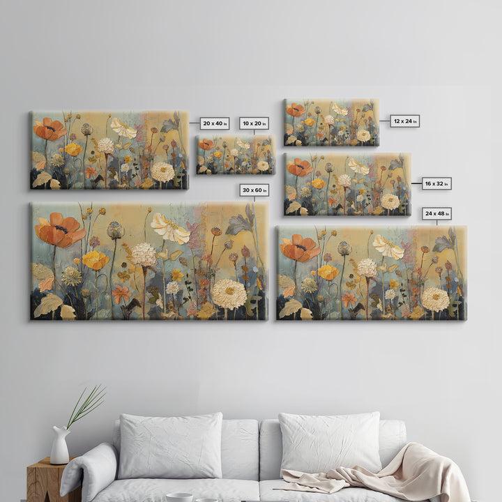 Burnt Orange Floral Field at Sunset Framed Canvas Print, Boho Art, Boho Wall Art, Living Room Decor, Fine Art, Bohemian, BOH-2x1-81