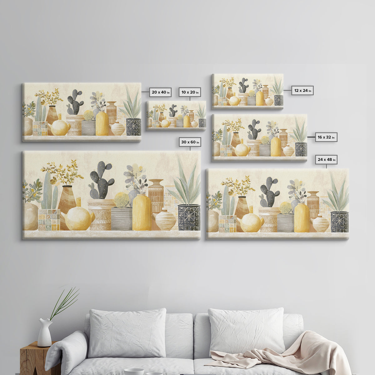 Warm Neutral Cactus Garden Illustration Framed Canvas Print, Boho Art, Digital Wall Art, Living Room Decor, Fine Art, Bohemian, BOH-2x1-86