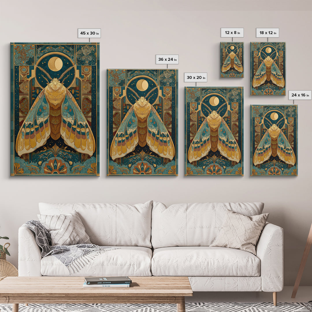 Golden Moth with Moon and Stars Framed Canvas Print, Boho Art, Art Nouveau, Living Room Decor, Fine Art, Bohemian, Wall Print, BOH-2x3-1