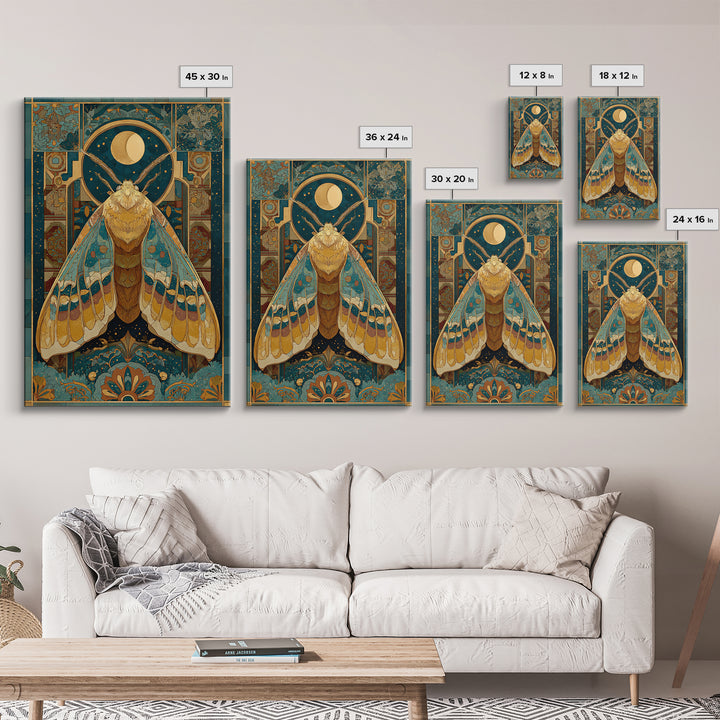 Golden Moth with Moon and Stars Framed Canvas Print, Boho Art, Art Nouveau, Living Room Decor, Fine Art, Bohemian, Wall Print, BOH-2x3-1