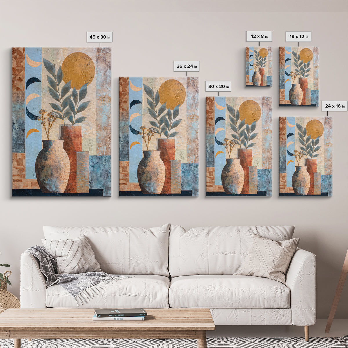 Moon Phases Above Botanical Silhouettes Canvas Print, Boho Art, Art Prints, Living Room Decor, Watercolor Art, Bohemian, BOH-2x3-10
