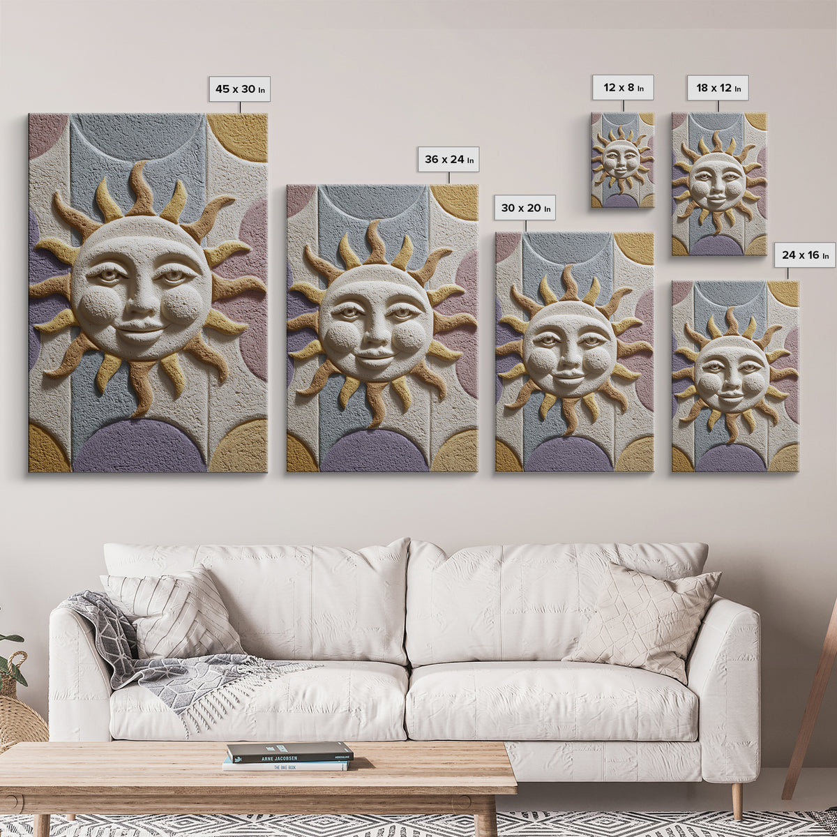 Sun and Moon Celestial Folk Motif Framed Canvas Print, Boho Art, Digital Art, Living Room Decor, Watercolor Art, Bohemian, BOH-2x3-18