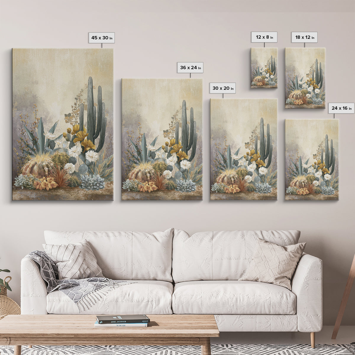 Warm Neutral Cactus Garden Illustration Framed Canvas Print, Boho Art, Wall Decor, Living Room Decor, Fine Art, Bohemian, BOH-2x3-2