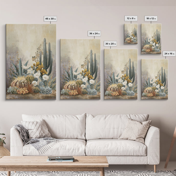 Warm Neutral Cactus Garden Illustration Framed Canvas Print, Boho Art, Wall Decor, Living Room Decor, Fine Art, Bohemian, BOH-2x3-2