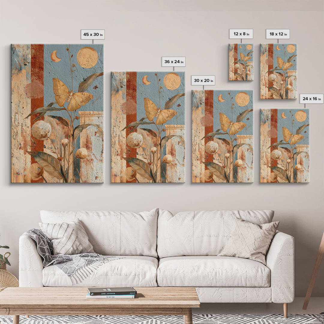 Golden Moth with Moon and Stars Framed Canvas Print, Boho Art, Art Nouveau, Living Room Decor, Fine Art, Bohemian, Wall Print, BOH-2x3-25