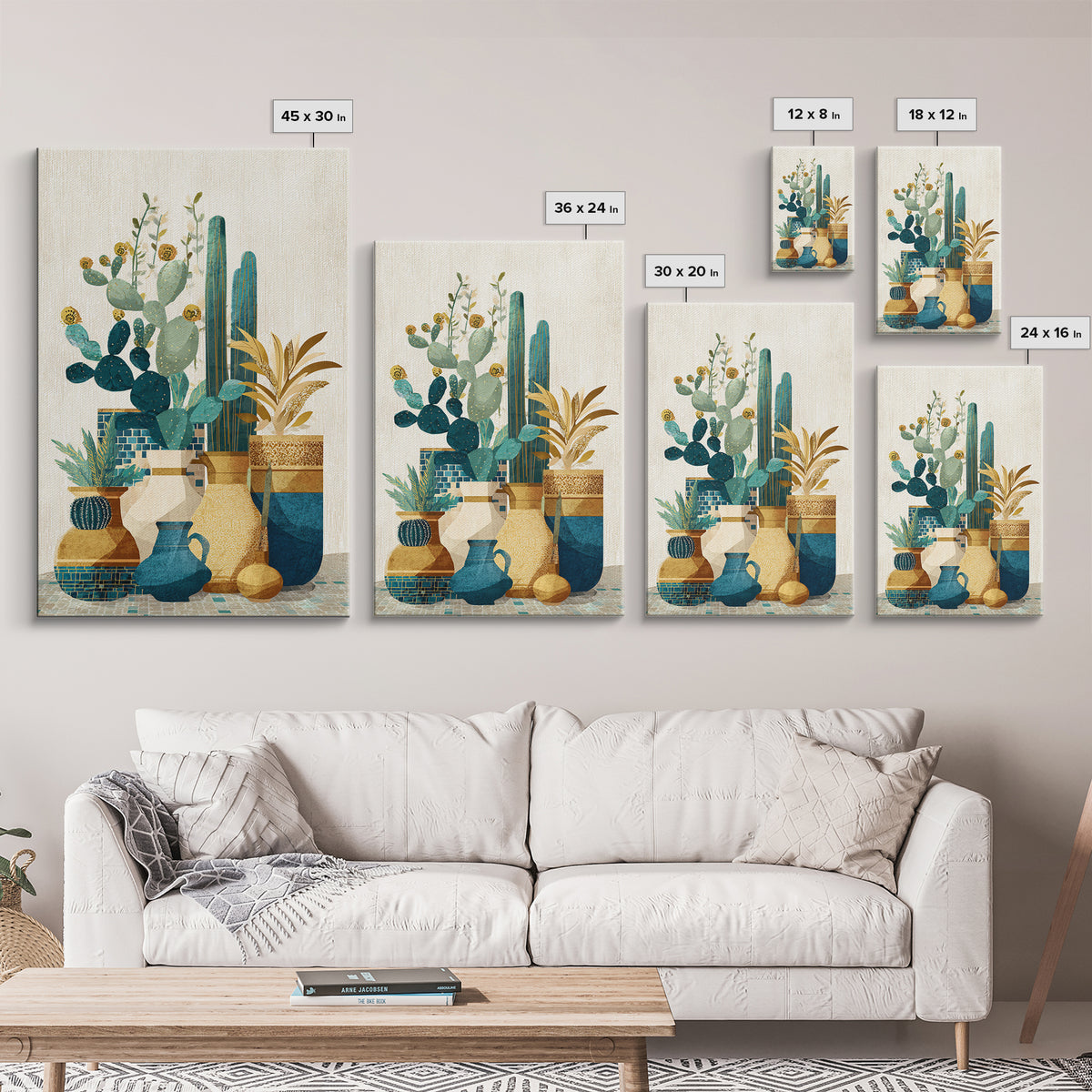Warm Neutral Cactus Garden Illustration Framed Canvas Print, Boho Art, Wall Decor, Living Room Decor, Fine Art, Bohemian, BOH-2x3-26