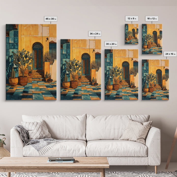 Desert Sun with Cactus and Warm Clay Framed Canvas Print, Boho Art, Garden Art, Living Room Decor, Watercolor Art, Bohemian, BOH-2x3-33