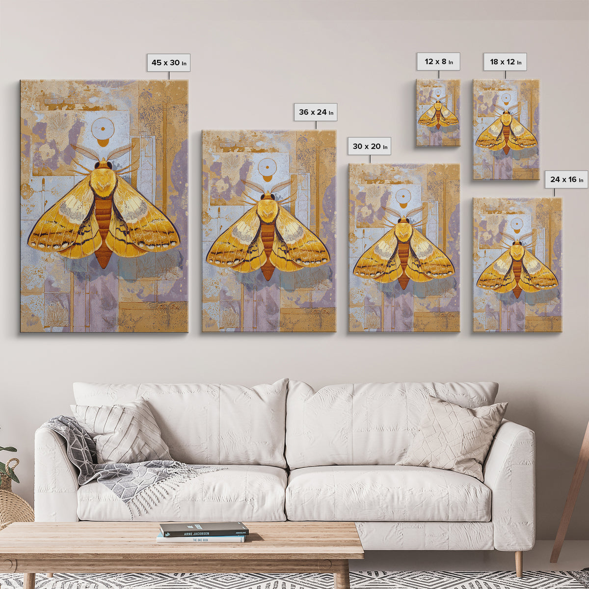 Golden Moth with Moon and Stars Canvas Print, Boho Art, Abstract Wall Art, Living Room Decor, Bohemian, Fine Art Print, BOH-2x3-49
