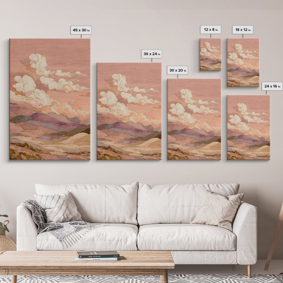 Sunrise over Rolling Dunes in Muted Peach Canvas Print, Boho Art, Abstract Art, Living Room Decor, Watercolor Art, Bohemian, BOH-2x3-5