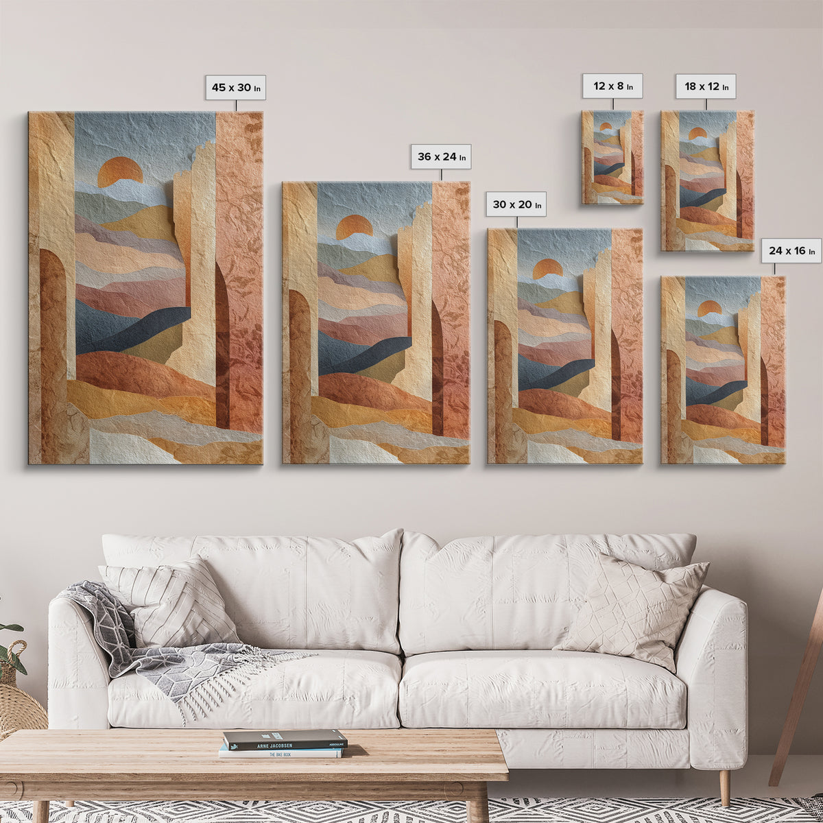 Sunrise over Rolling Dunes in Muted Peach Framed Canvas Print, Boho Art, Boho Wall Art, Living Room Decor, Oil Painting, BOH-2x3-53