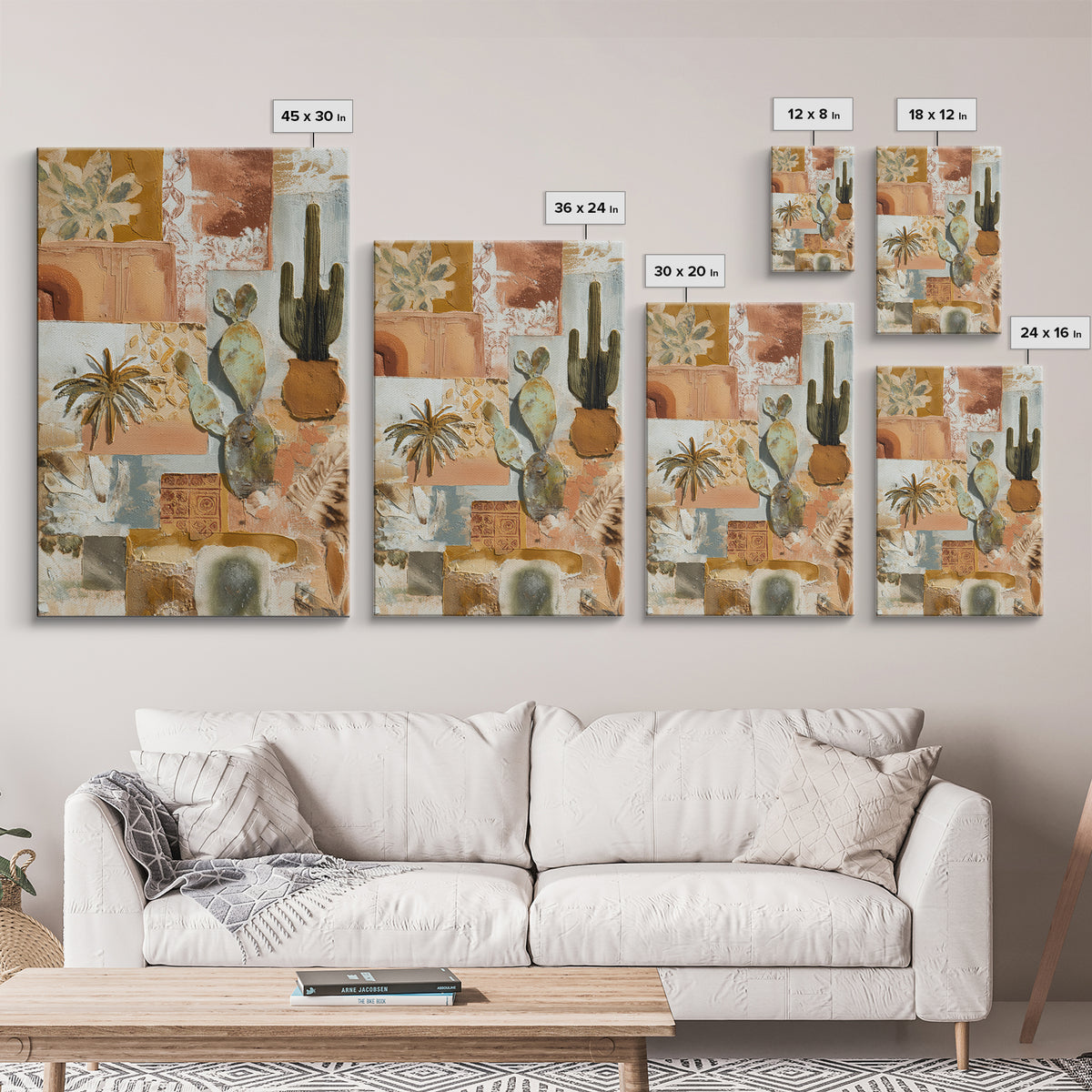 Desert Sun with Cactus and Warm Clay Canvas Print, Boho Art, Set of 3 Prints, Living Room Decor, Fine Art, Bohemian, BOH-2x3-57