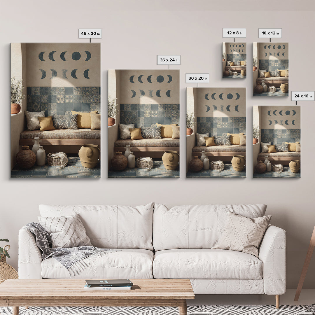 Moon Phases Above Botanical Silhouettes Canvas Print, Boho Art, Abstract Art, Living Room Decor, Bohemian 458, Set of Prints, BOH-2x3-58