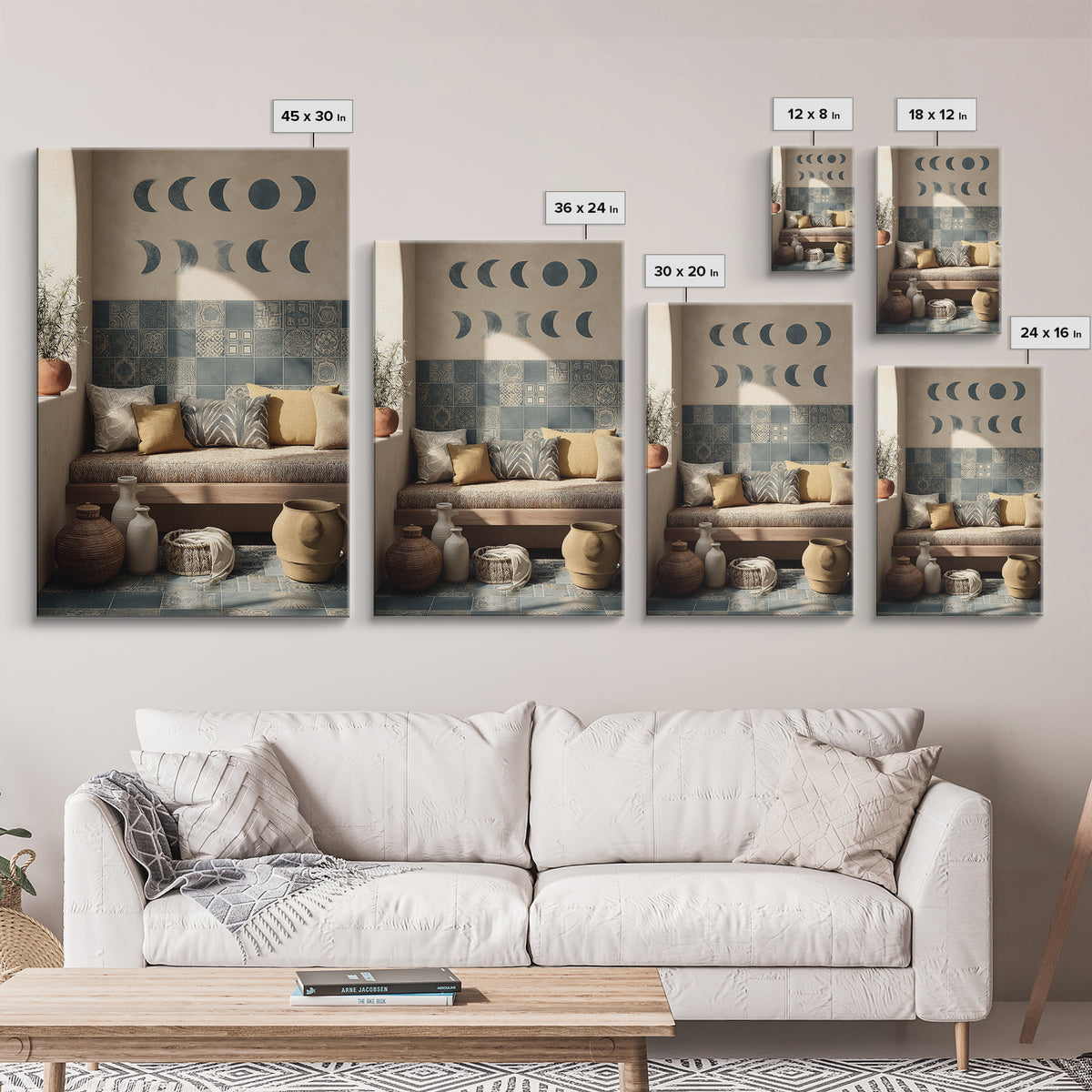 Moon Phases Above Botanical Silhouettes Canvas Print, Boho Art, Abstract Art, Living Room Decor, Bohemian 458, Set of Prints, BOH-2x3-58