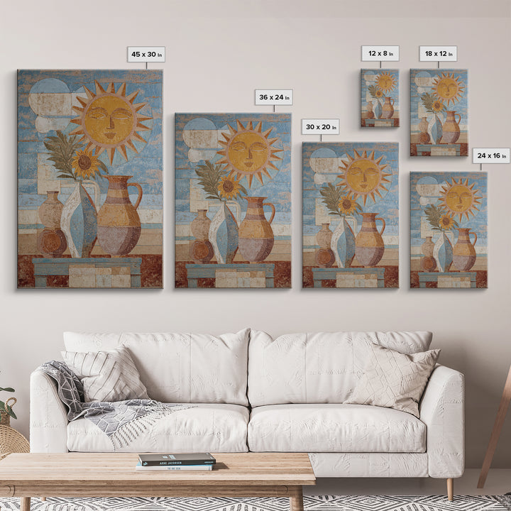 Sun and Moon Celestial Folk Motif Canvas Print, Boho Art, Art Deco, Living Room Decor, Oil Painting, Bohemian, Modern Wall Art, BOH-2x3-66