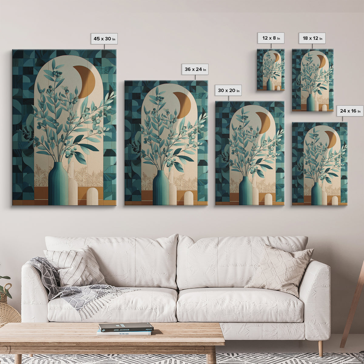 Sage Green Eucalyptus and Crescent Moon Canvas Print, Boho Art, Art, Living Room Decor, Bohemian, Wallart, Art Nouveau, BOH-2x3-7