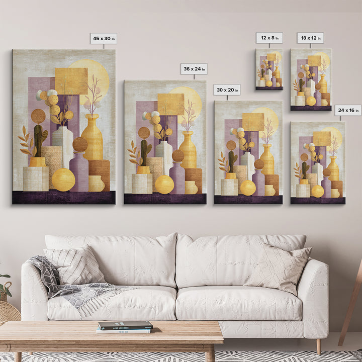 Warm Neutral Cactus Garden Illustration Framed Canvas Print, Boho Art, Wallart, Living Room Decor, Watercolor Art, Bohemian, BOH-2x3-74
