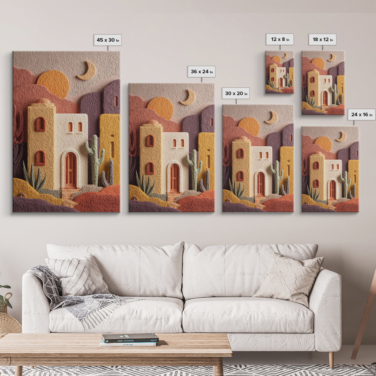 Desert Sun with Cactus and Warm Clay Canvas Print, Boho Art, Set of 3 Prints, Living Room Decor, Fine Art, Bohemian, BOH-2x3-81