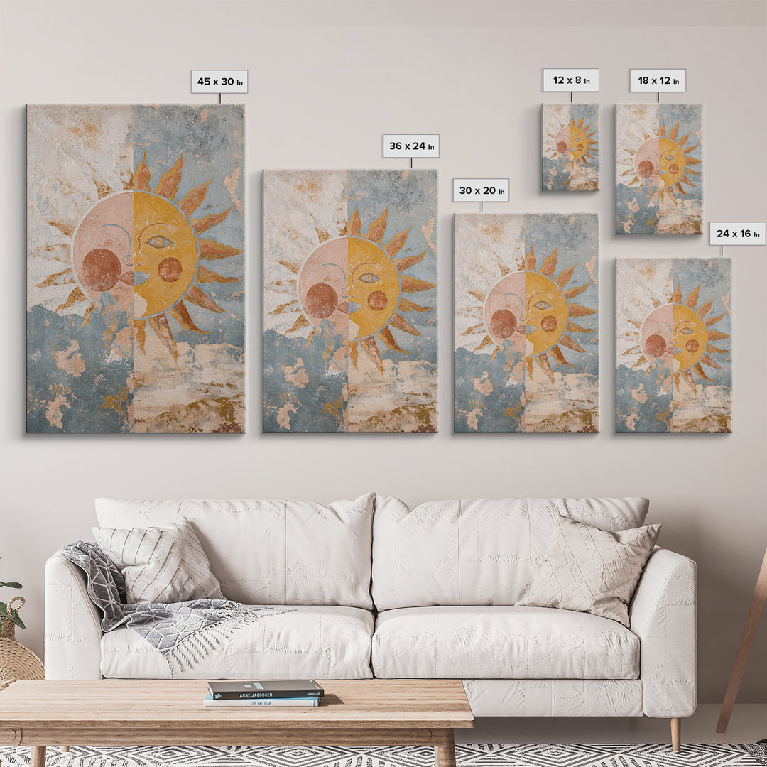 Sun and Moon Celestial Folk Motif Framed Canvas Print, Boho Art, Digital Print, Living Room Decor, Fine Art, Bohemian, BOH-2x3-90